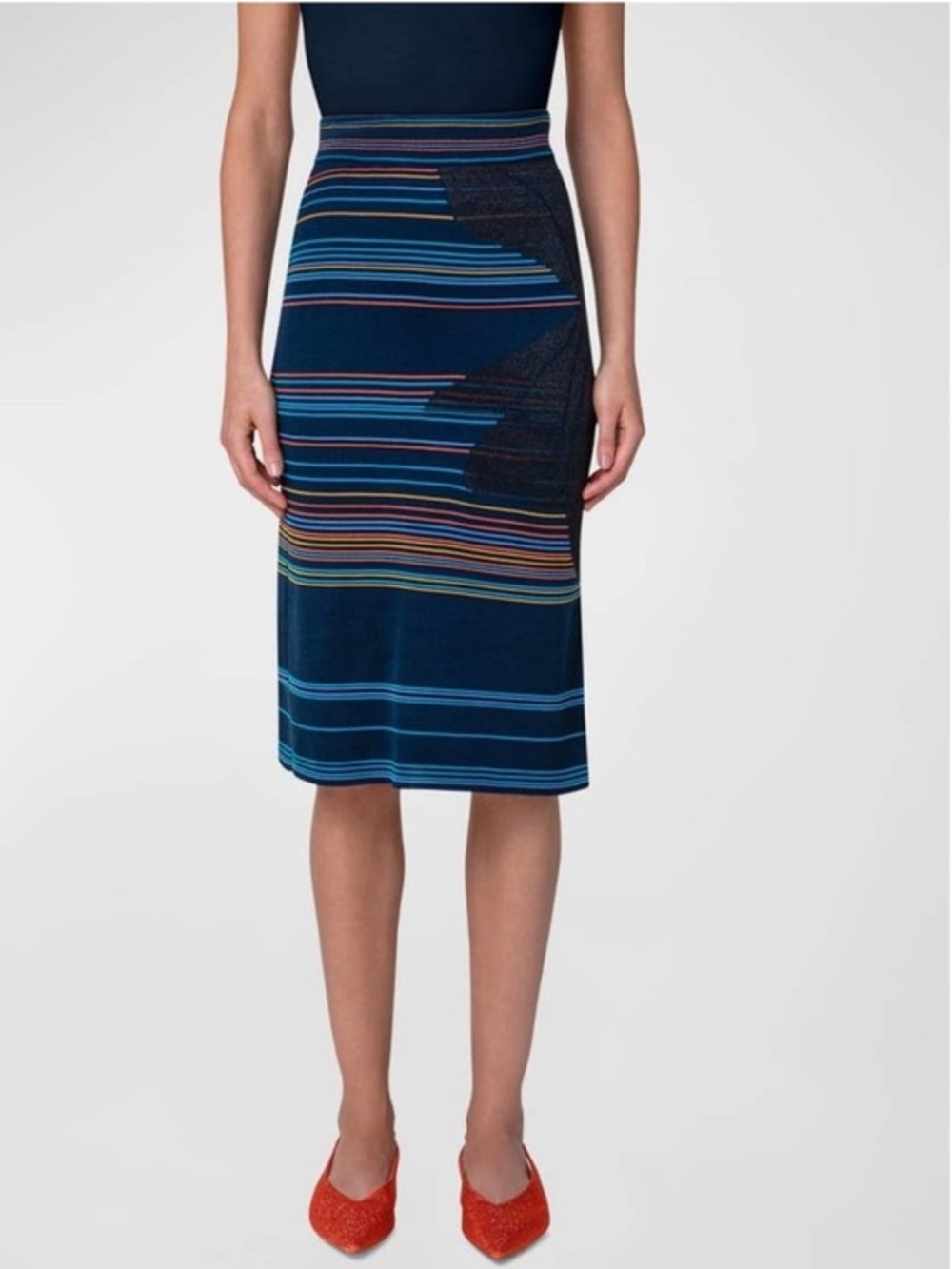 Akris Punto Matrix Flower Striped Knit Midi Skirt In Navy-Multi Size 8